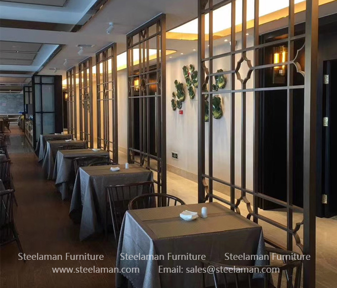 Restaurant room divider using stainless steel rose screen panels