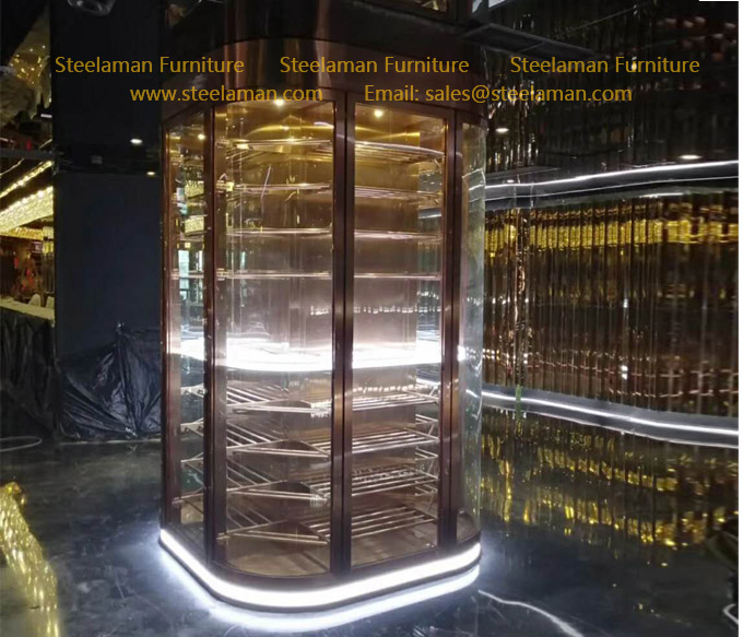 Commercial stainless steel wine display sand luxury wall large whiskey storage display racks wine cabinet