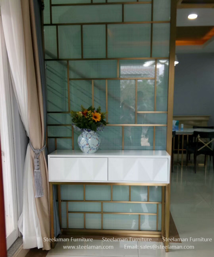 Decorative home design metal screen room divider with toughened glass