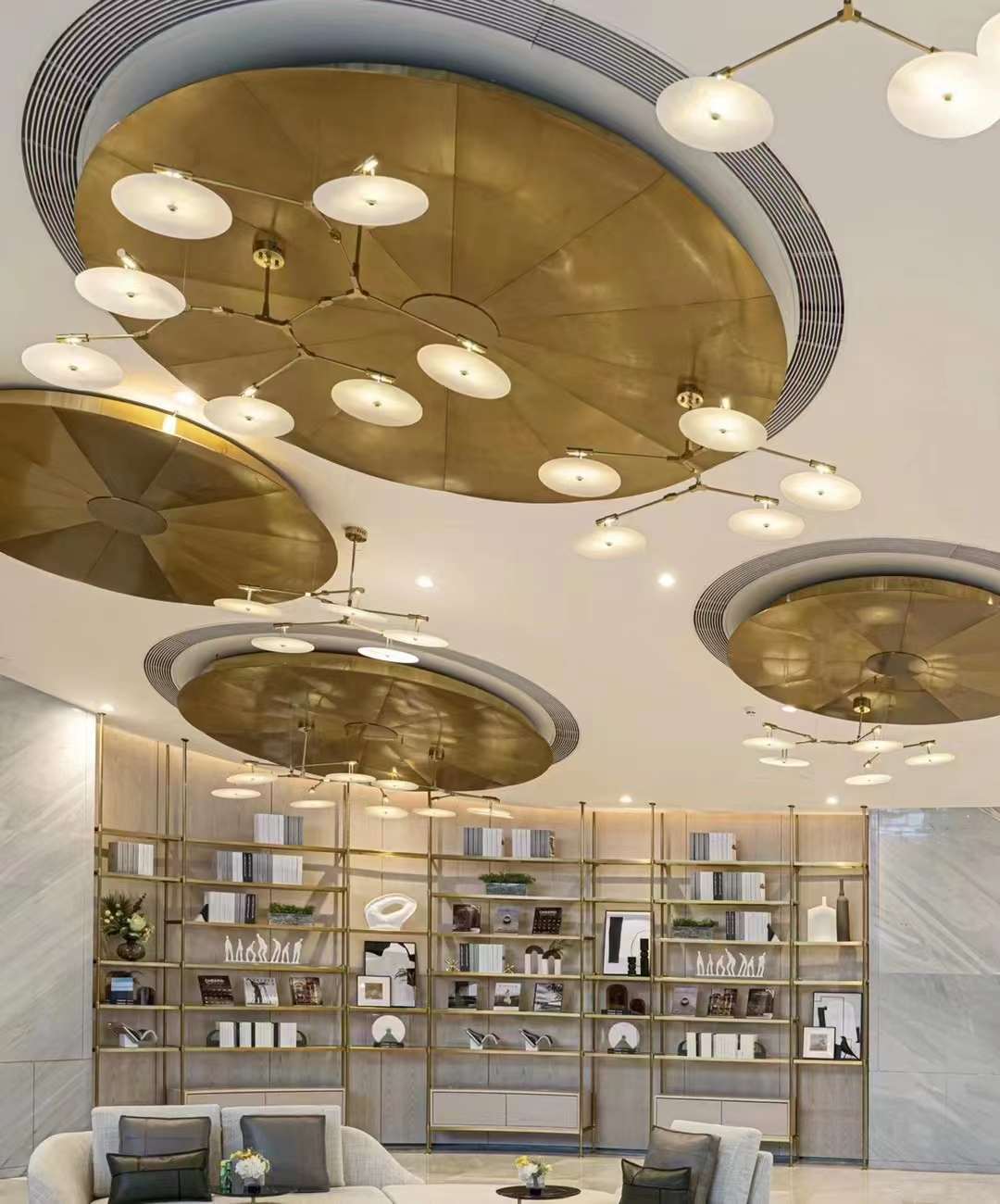 Metal screen panels wine cabinet ceiling features gold mirror finish
