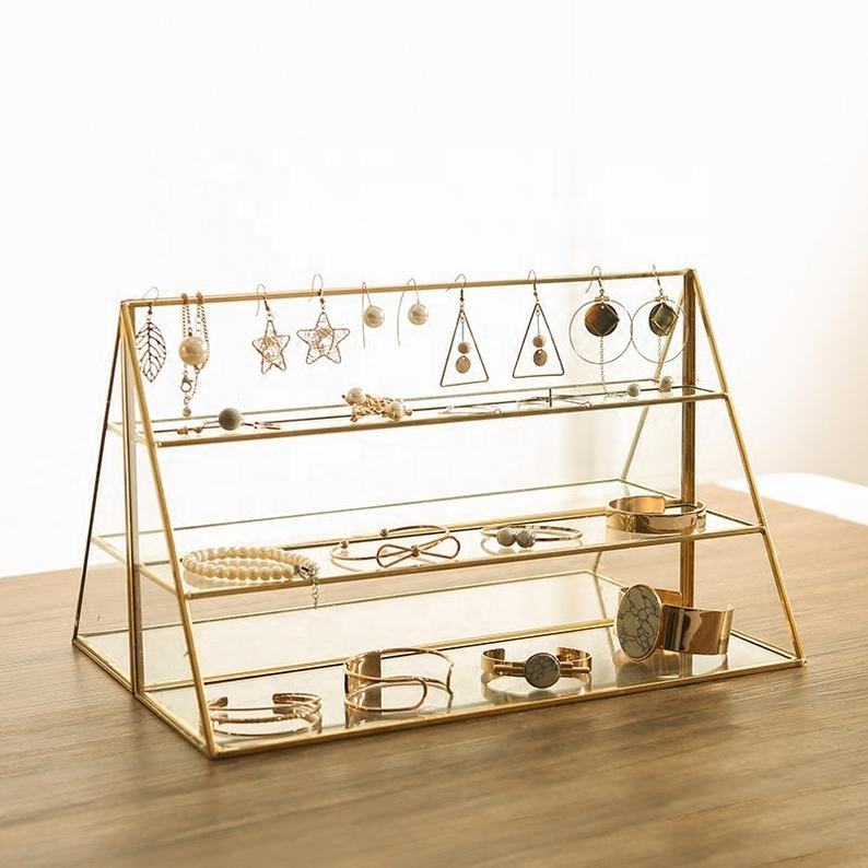 Nordic Style Brass Glass 3-Layer Jewelry Rack, Bracelet, Earrings, Necklace, Jewelry Counter Display Stand
