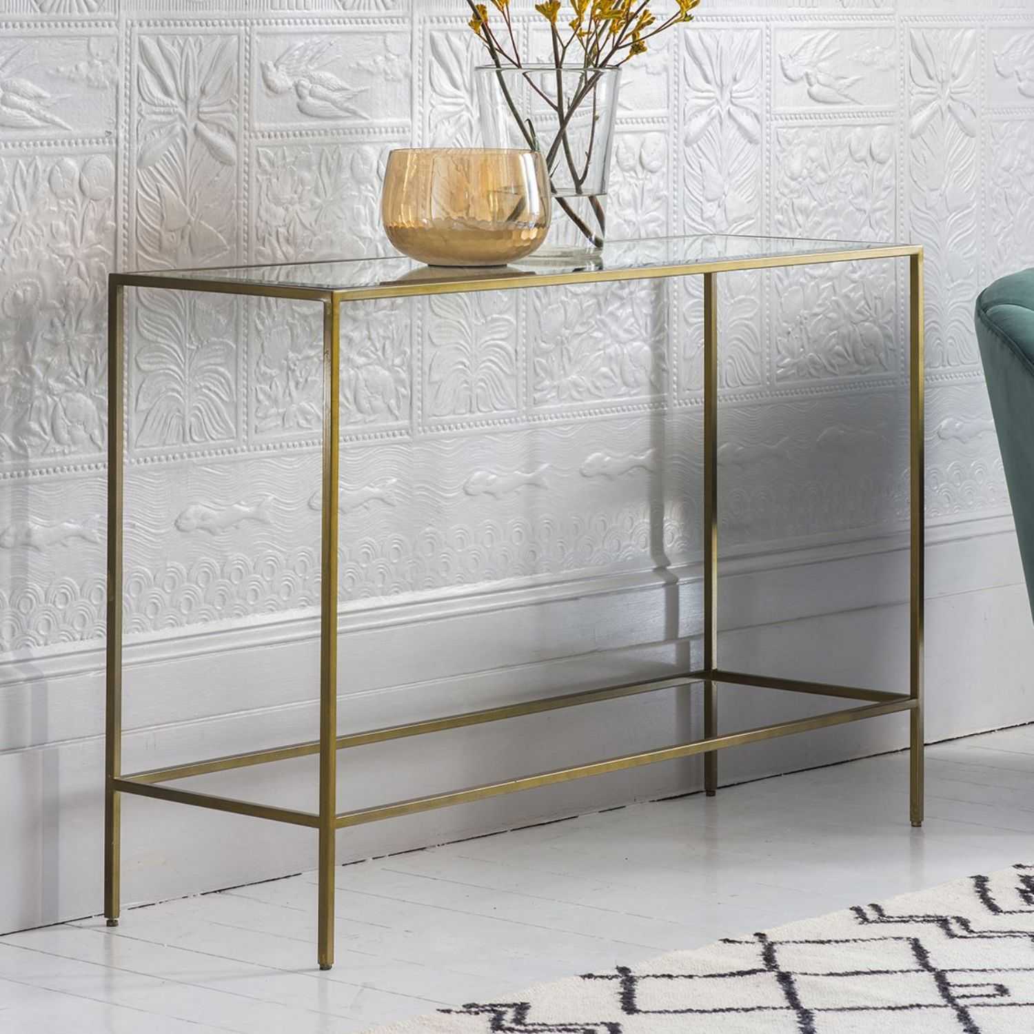 Console Hall Table Slender Bronze Finish Glass Top